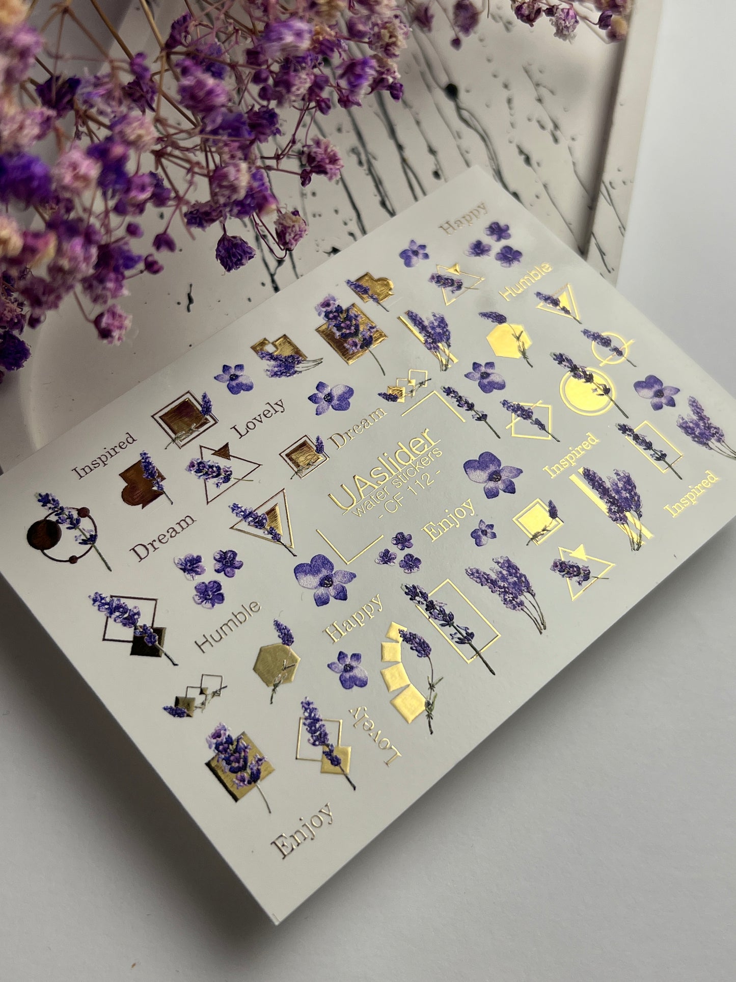 Nail Water Decal CF-112 | Floral Water Slide Nail Decals | Lavender Sprigs, Purple Flowers & Gold Geometry