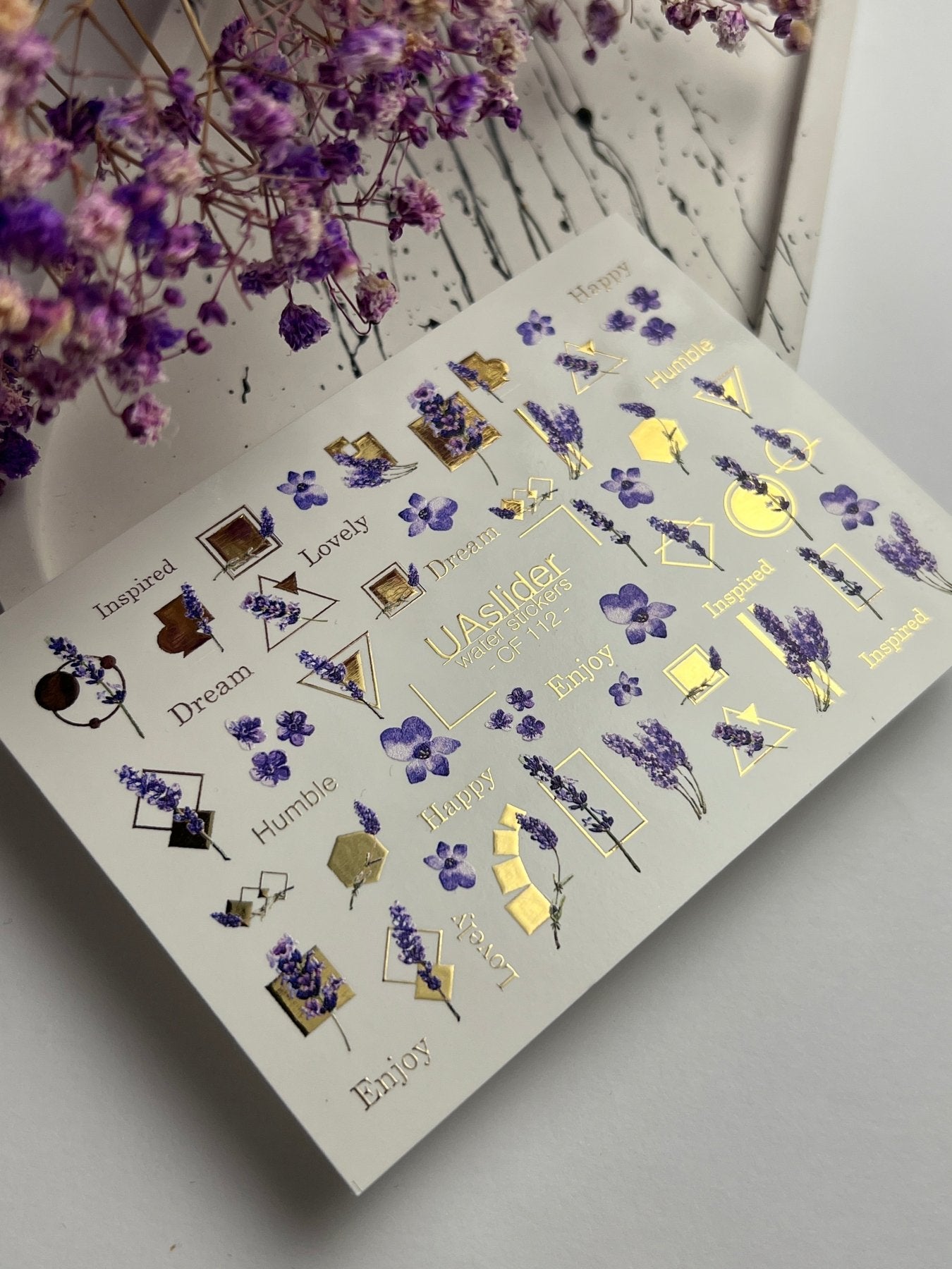 Nail Water Decal CF-112 | Floral Water Slide Nail Decals | Lavender Sprigs, Purple Flowers & Gold Geometry - UASLIDER