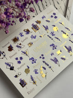 Nail Water Decal CF-112 | Floral Water Slide Nail Decals | Lavender Sprigs, Purple Flowers & Gold Geometry - UASLIDER