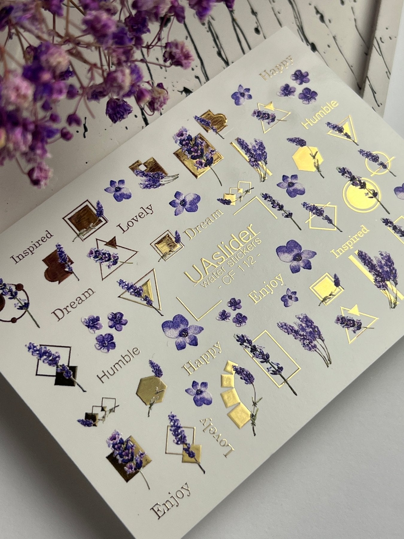 Nail Water Decal CF-112 | Floral Water Slide Nail Decals | Lavender Sprigs, Purple Flowers & Gold Geometry - UASLIDER