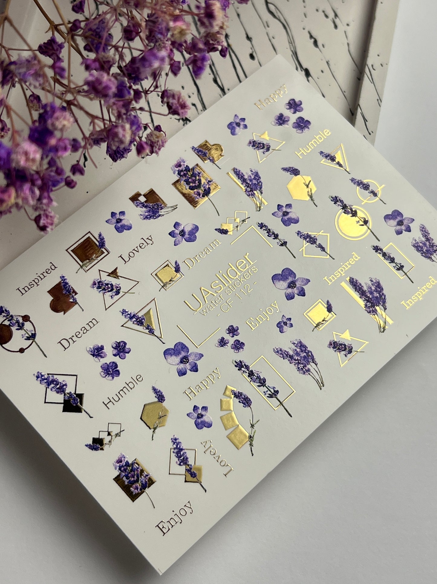 Nail Water Decal CF-112 | Floral Water Slide Nail Decals | Lavender Sprigs, Purple Flowers & Gold Geometry