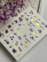 Nail Water Decal CF-112 | Floral Water Slide Nail Decals | Lavender Sprigs, Purple Flowers & Gold Geometry - UASLIDER