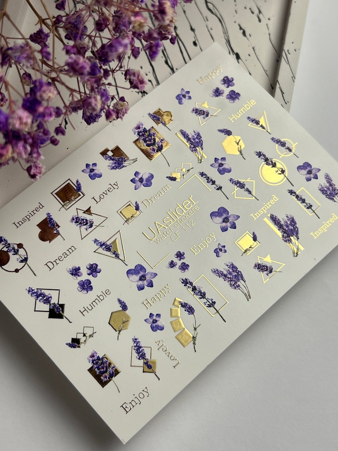 Nail Water Decal CF-112 | Floral Water Slide Nail Decals | Lavender Sprigs, Purple Flowers & Gold Geometry - UASLIDER