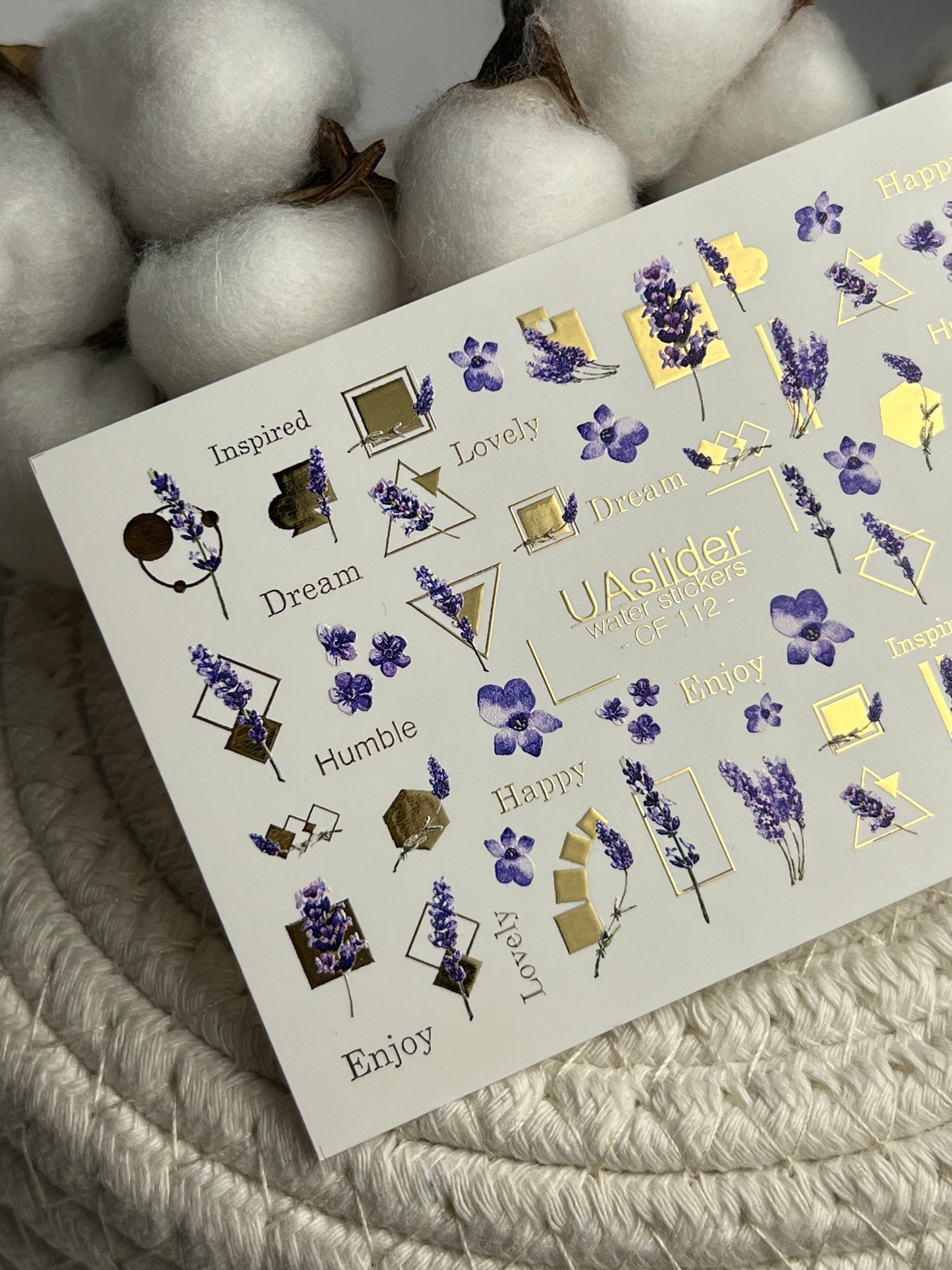 Nail Water Decal CF-112 | Floral Water Slide Nail Decals | Lavender Sprigs, Purple Flowers & Gold Geometry