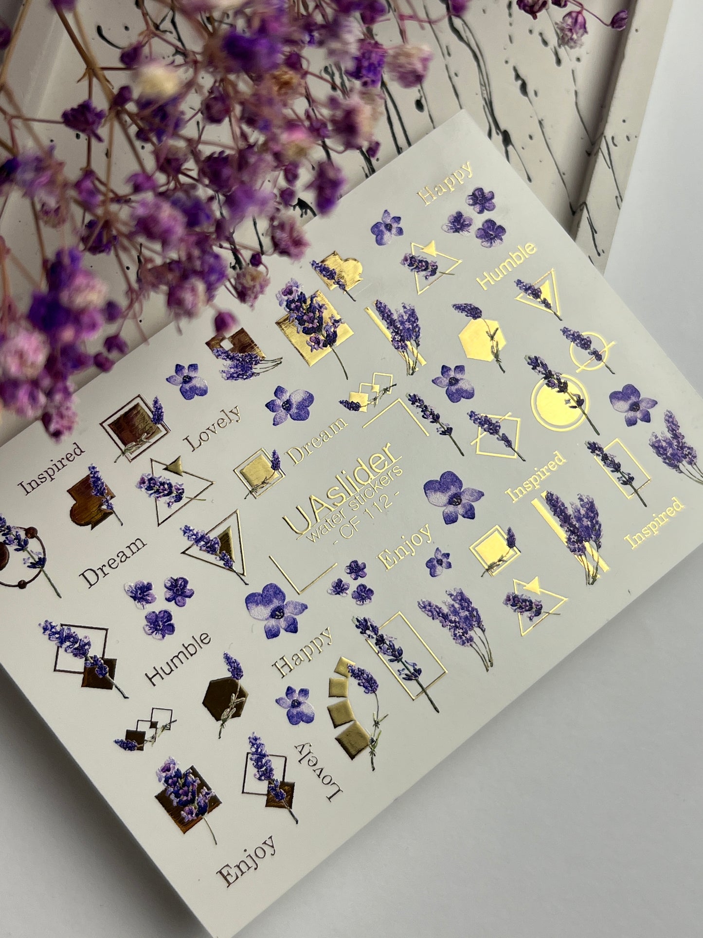 Nail Water Decal CF-112 | Floral Water Slide Nail Decals | Lavender Sprigs, Purple Flowers & Gold Geometry