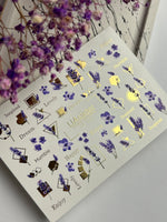Nail Water Decal CF-112 | Floral Water Slide Nail Decals | Lavender Sprigs, Purple Flowers & Gold Geometry - UASLIDER