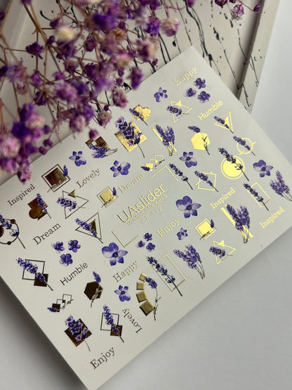 Nail Water Decal CF-112 | Floral Water Slide Nail Decals | Lavender Sprigs, Purple Flowers & Gold Geometry