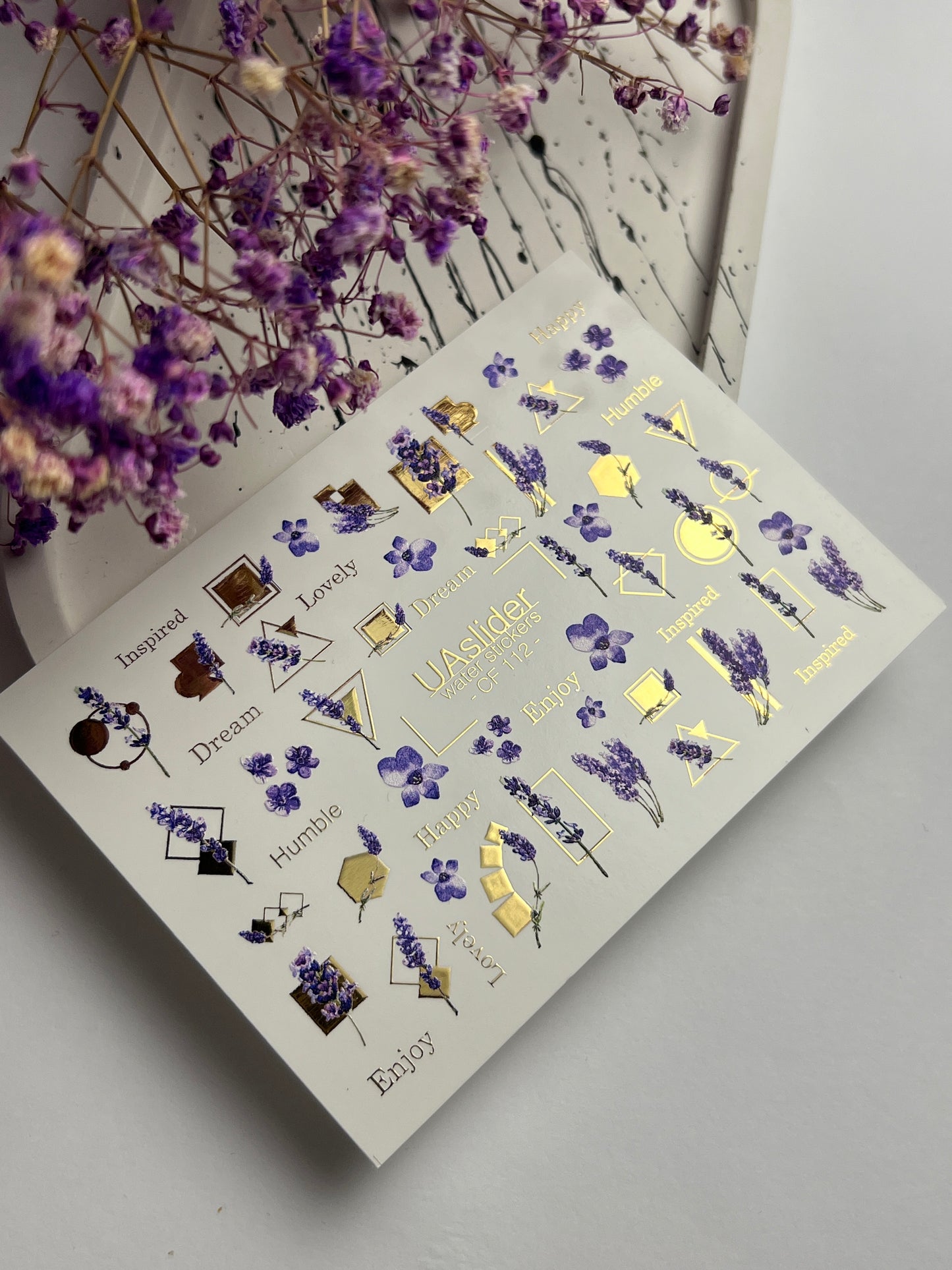 Nail Water Decal CF-112 | Floral Water Slide Nail Decals | Lavender Sprigs, Purple Flowers & Gold Geometry