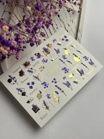 Nail Water Decal CF-112 | Floral Water Slide Nail Decals | Lavender Sprigs, Purple Flowers & Gold Geometry - UASLIDER