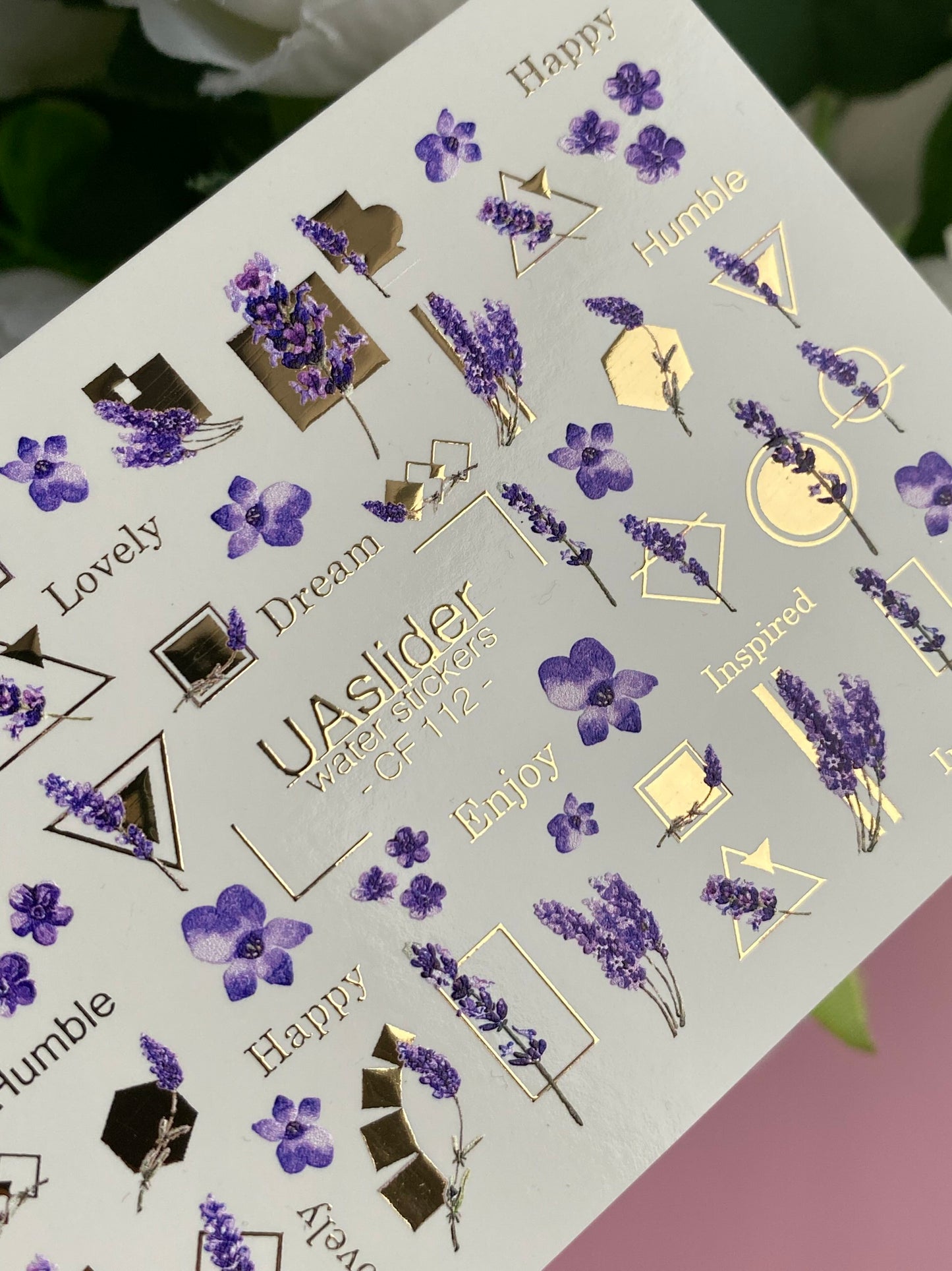 Nail Water Decal CF-112 | Floral Water Slide Nail Decals | Lavender Sprigs, Purple Flowers & Gold Geometry