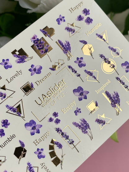 Nail Water Decal CF-112 | Floral Water Slide Nail Decals | Lavender Sprigs, Purple Flowers & Gold Geometry