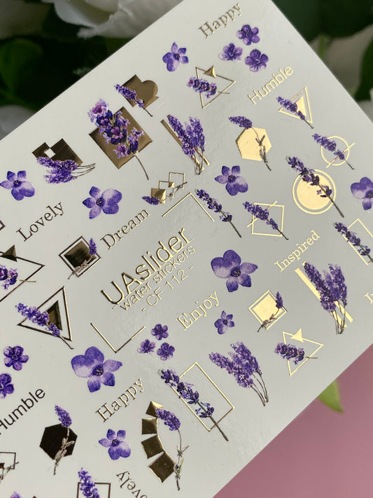 Nail Water Decal CF-112 | Floral Water Slide Nail Decals | Lavender Sprigs, Purple Flowers & Gold Geometry