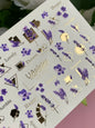 Nail Water Decal CF-112 | Floral Water Slide Nail Decals | Lavender Sprigs, Purple Flowers & Gold Geometry