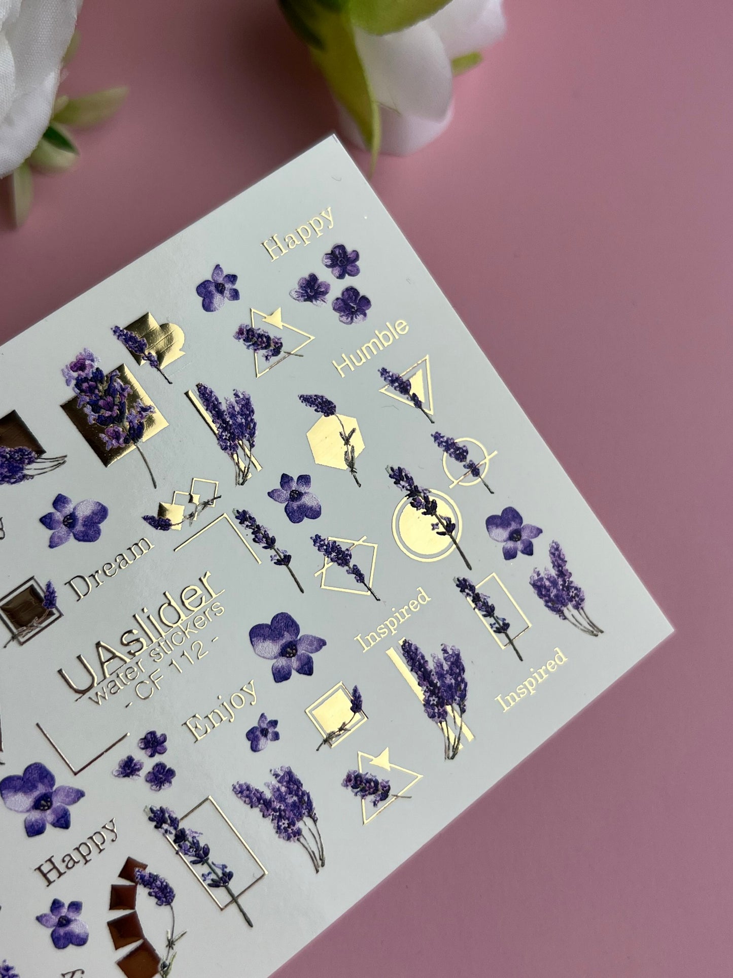 Nail Water Decal CF-112 | Floral Water Slide Nail Decals | Lavender Sprigs, Purple Flowers & Gold Geometry
