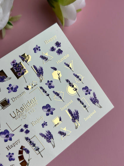 Nail Water Decal CF-112 | Floral Water Slide Nail Decals | Lavender Sprigs, Purple Flowers & Gold Geometry