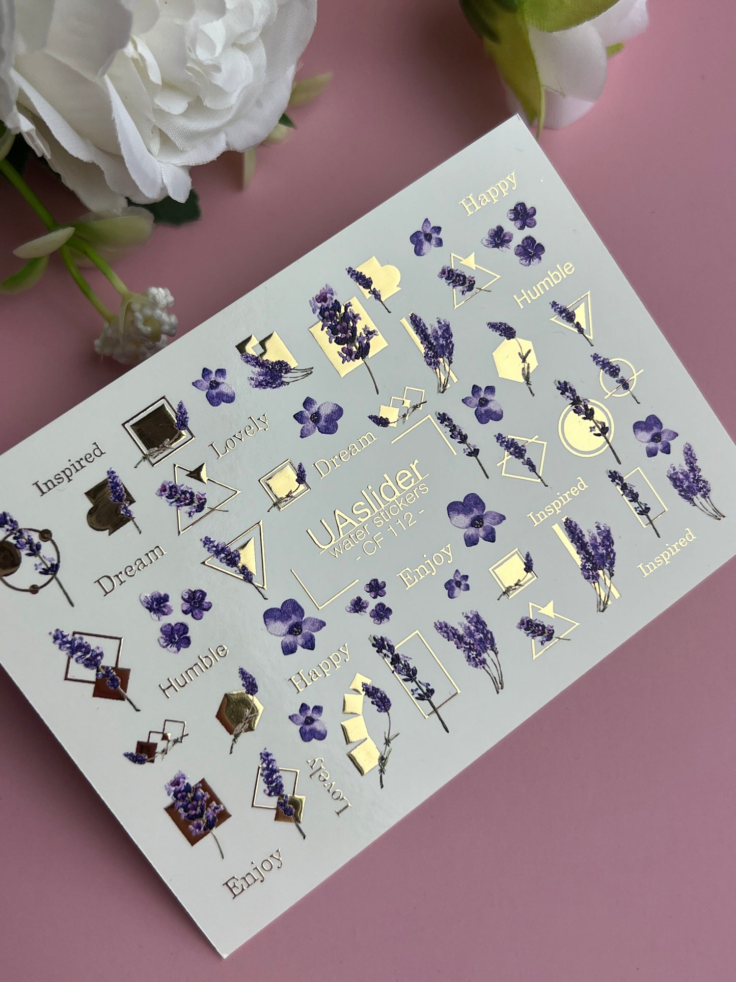 Nail Water Decal CF-112 | Floral Water Slide Nail Decals | Lavender Sprigs, Purple Flowers & Gold Geometry
