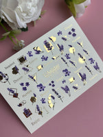Nail Water Decal CF-112 | Floral Water Slide Nail Decals | Lavender Sprigs, Purple Flowers & Gold Geometry - UASLIDER