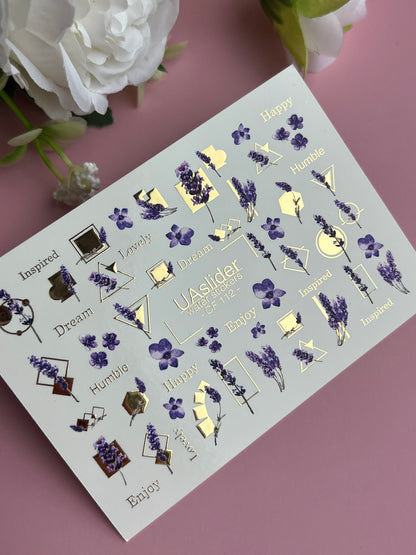 Nail Water Decal CF-112 | Floral Water Slide Nail Decals | Lavender Sprigs, Purple Flowers & Gold Geometry