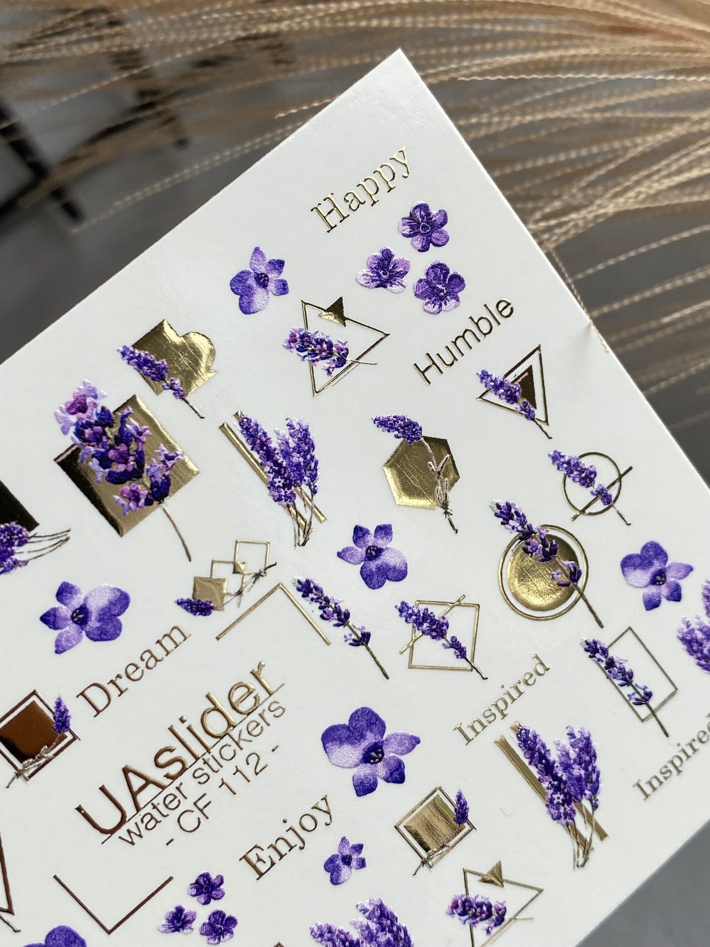 Nail Water Decal CF-112 | Floral Water Slide Nail Decals | Lavender Sprigs, Purple Flowers & Gold Geometry