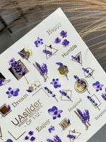 Nail Water Decal CF-112 | Floral Water Slide Nail Decals | Lavender Sprigs, Purple Flowers & Gold Geometry - UASLIDER