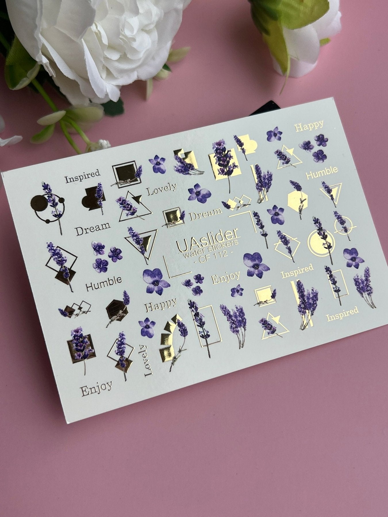 Nail Water Decal CF-112 | Floral Water Slide Nail Decals | Lavender Sprigs, Purple Flowers & Gold Geometry - UASLIDER