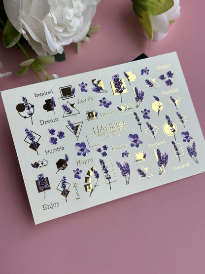 Nail Water Decal CF-112 | Floral Water Slide Nail Decals | Lavender Sprigs, Purple Flowers & Gold Geometry