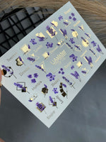 Nail Water Decal CF-112 | Floral Water Slide Nail Decals | Lavender Sprigs, Purple Flowers & Gold Geometry - UASLIDER