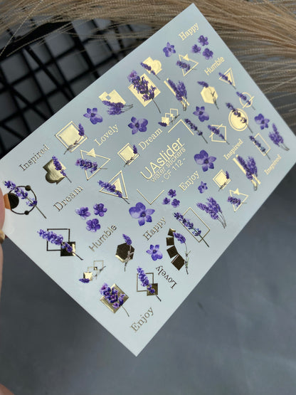 Nail Water Decal CF-112 | Floral Water Slide Nail Decals | Lavender Sprigs, Purple Flowers & Gold Geometry