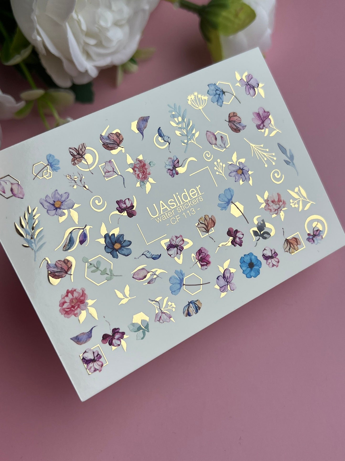 Nail Water Decal CF-113 | Floral Water Slide Nail Decals | Watercolor Flowers, Leaves & Gold Geometry