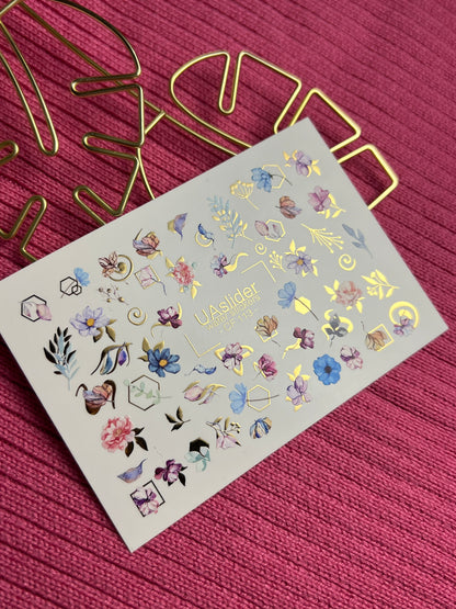 Nail Water Decal CF-113 | Floral Water Slide Nail Decals | Watercolor Flowers, Leaves & Gold Geometry