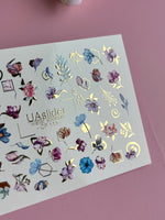 Nail Water Decal CF-113 | Floral Water Slide Nail Decals | Watercolor Flowers, Leaves & Gold Geometry - UASLIDER