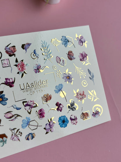 Nail Water Decal CF-113 | Floral Water Slide Nail Decals | Watercolor Flowers, Leaves & Gold Geometry