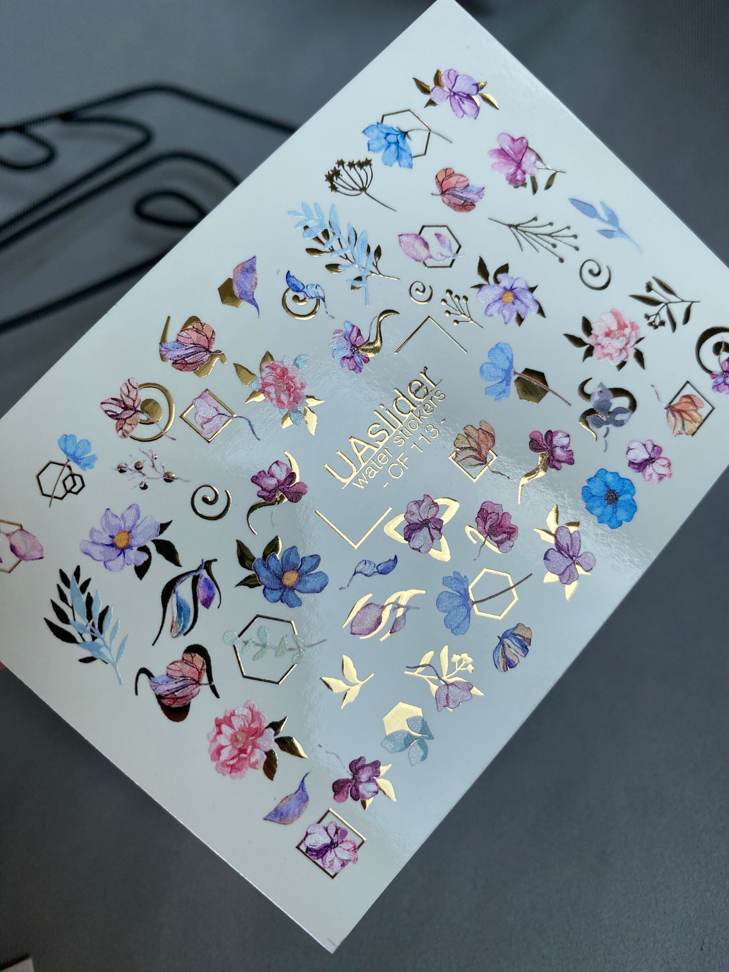 Nail Water Decal CF-113 | Floral Water Slide Nail Decals | Watercolor Flowers, Leaves & Gold Geometry