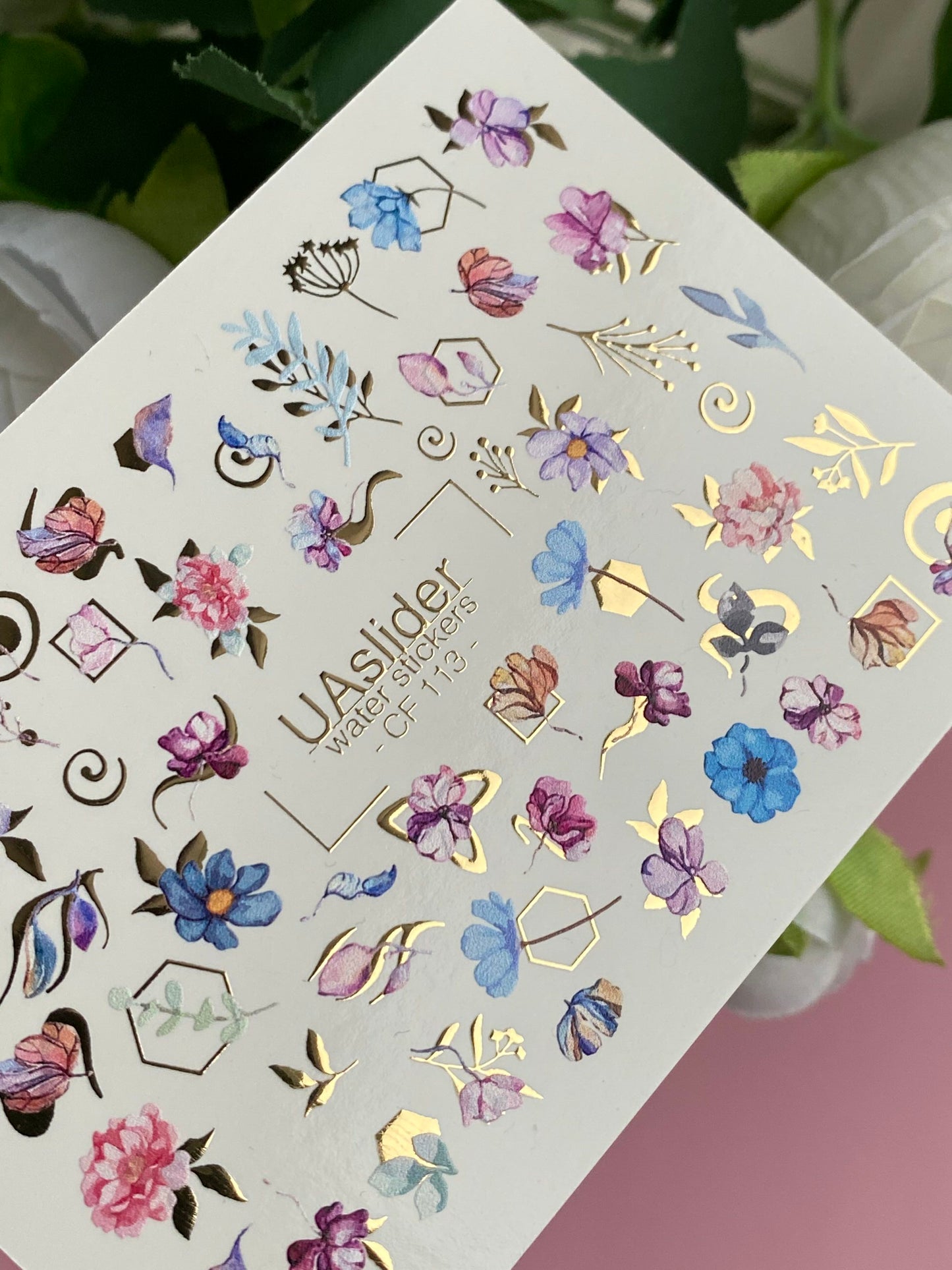 Nail Water Decal CF-113 | Floral Water Slide Nail Decals | Watercolor Flowers, Leaves & Gold Geometry