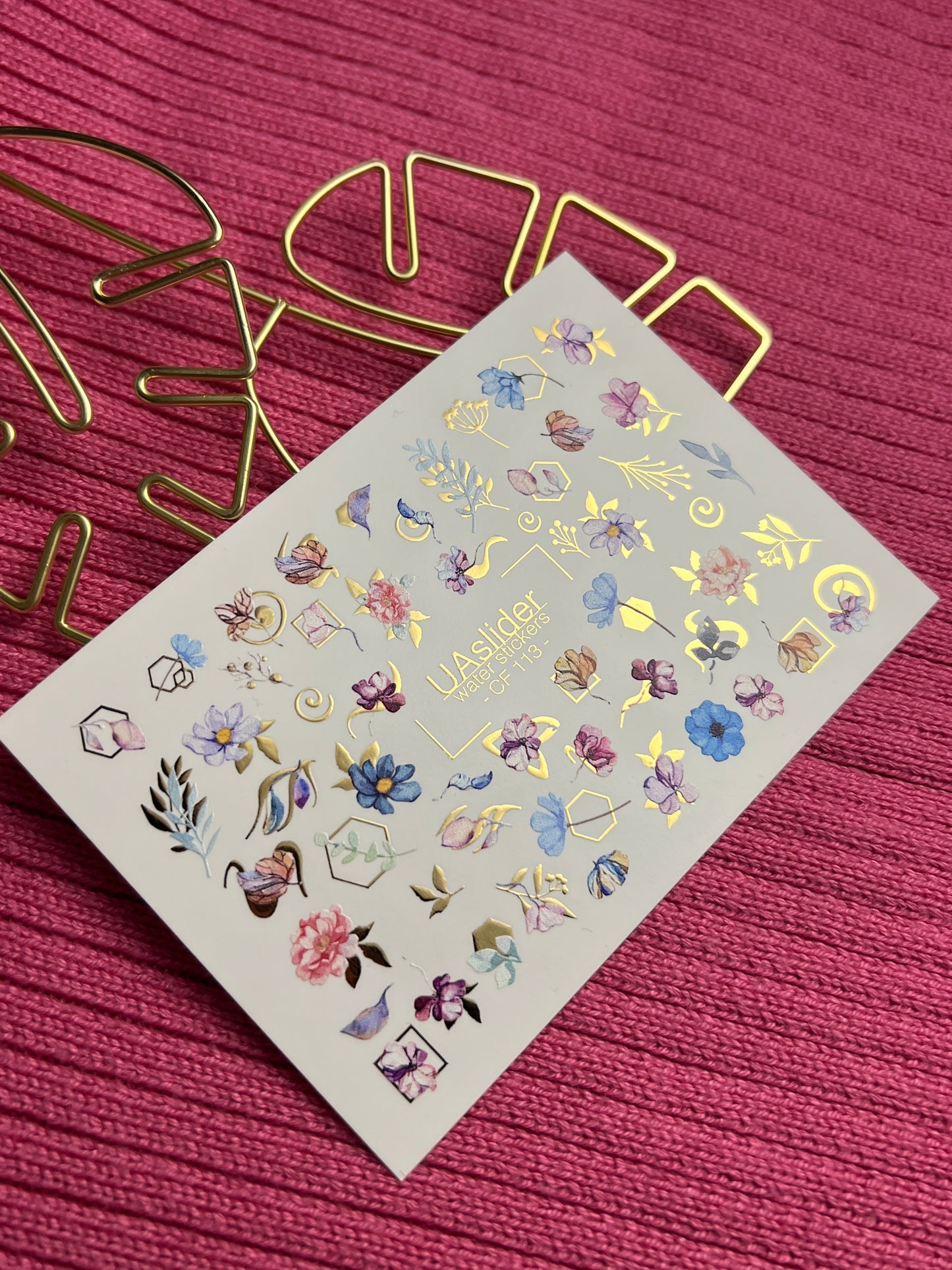 Nail Water Decal CF-113 | Floral Water Slide Nail Decals | Watercolor Flowers, Leaves & Gold Geometry