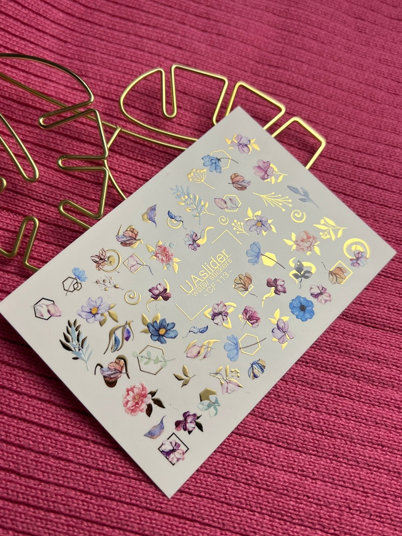 Nail Water Decal CF-113 | Floral Water Slide Nail Decals | Watercolor Flowers, Leaves & Gold Geometry - UASLIDER
