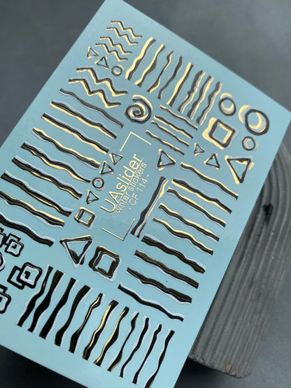 Nail Water Decal CF-114 | Geometric Water Slide Nail Decals | Gold & Black Lines, Abstract Shapes