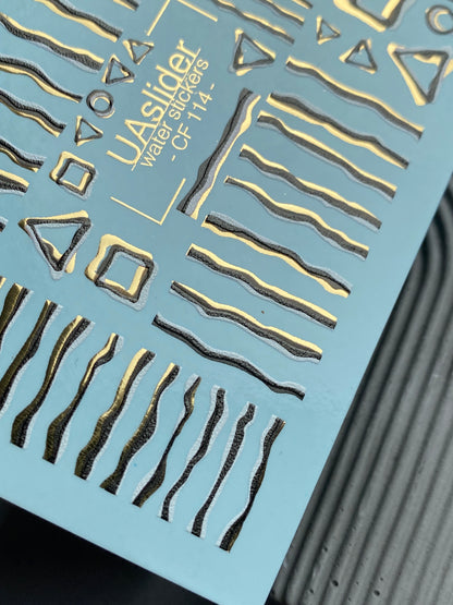 Nail Water Decal CF-114 | Geometric Water Slide Nail Decals | Gold & Black Lines, Abstract Shapes