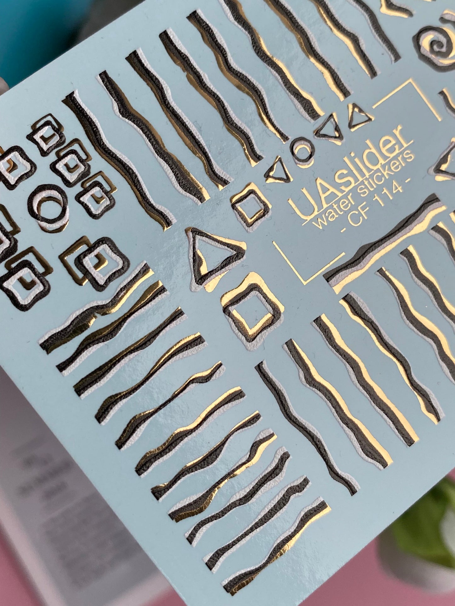 Nail Water Decal CF-114 | Geometric Water Slide Nail Decals | Gold & Black Lines, Abstract Shapes