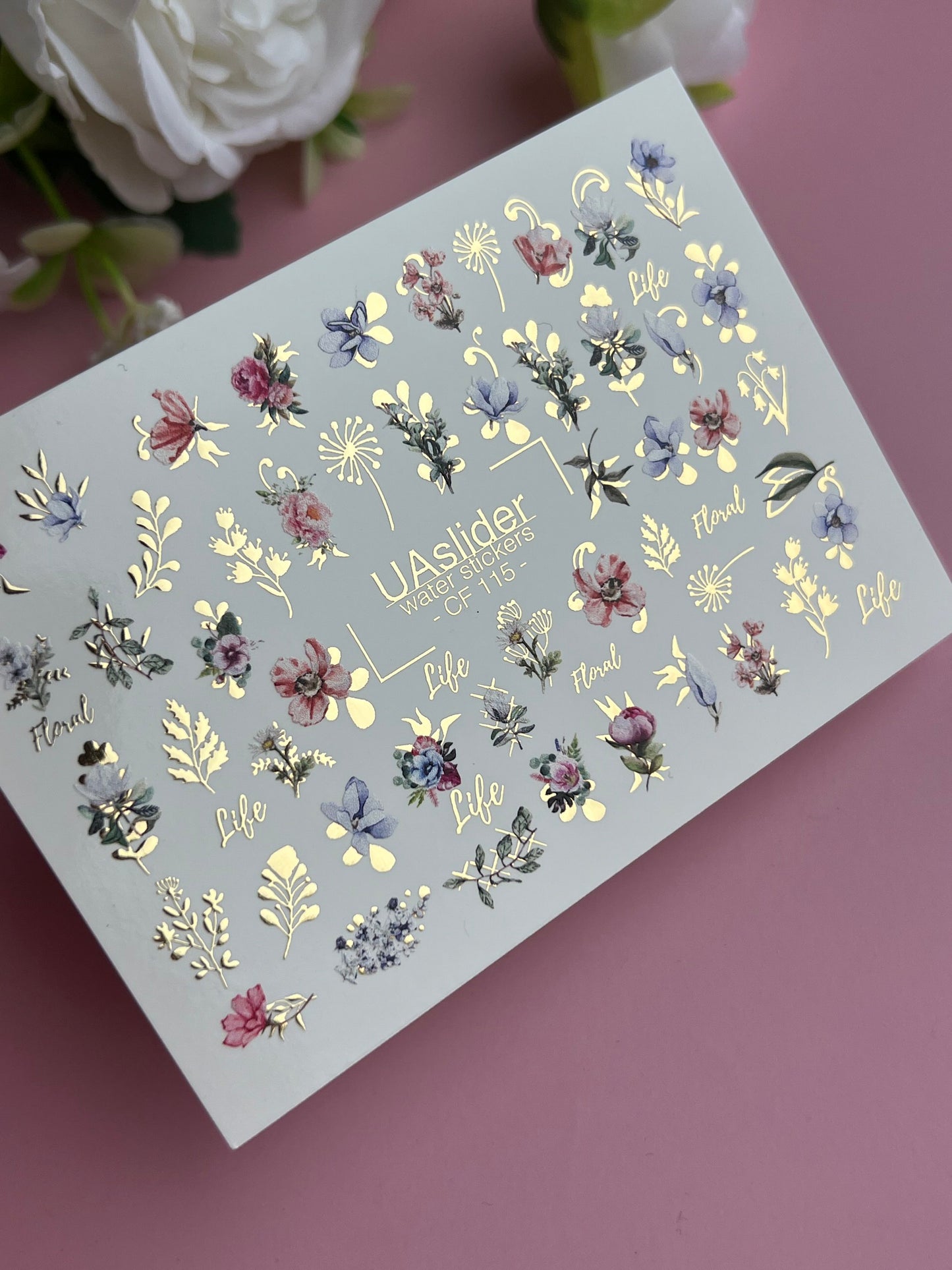 Nail Water Decal CF-115 | Floral Water Slide Nail Decals | Colorful Flowers, Greenery & Gold Botanical Accents