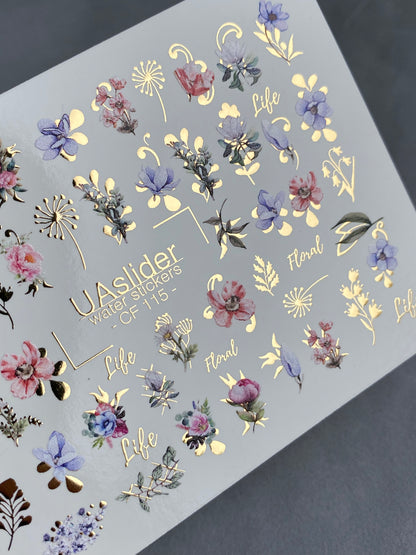 Nail Water Decal CF-115 | Floral Water Slide Nail Decals | Colorful Flowers, Greenery & Gold Botanical Accents