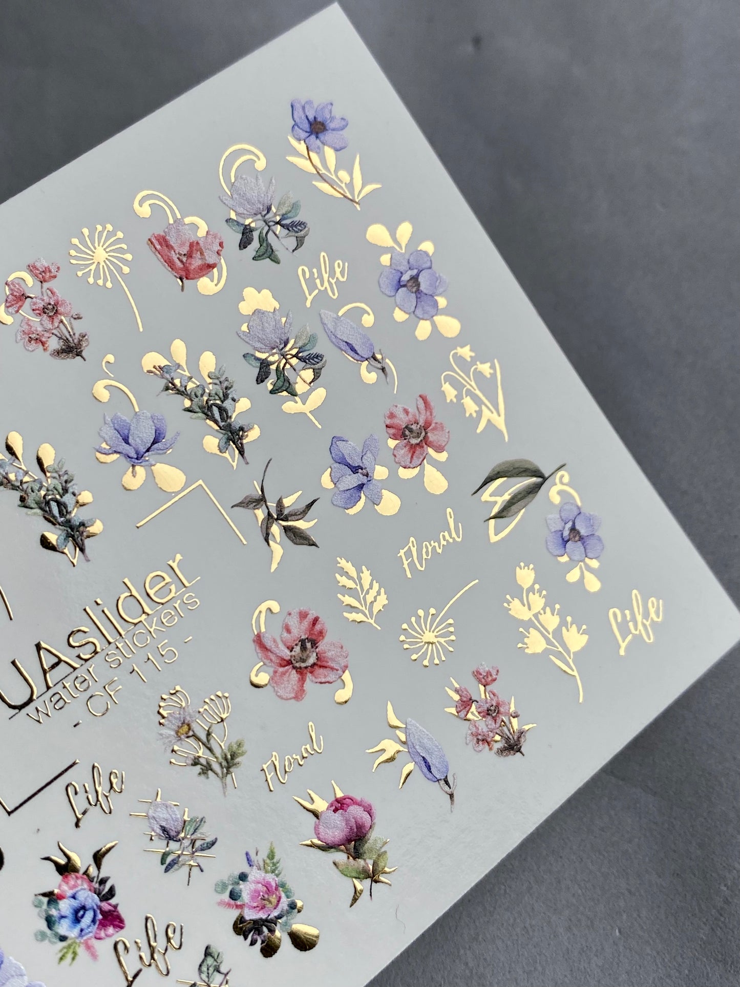 Nail Water Decal CF-115 | Floral Water Slide Nail Decals | Colorful Flowers, Greenery & Gold Botanical Accents