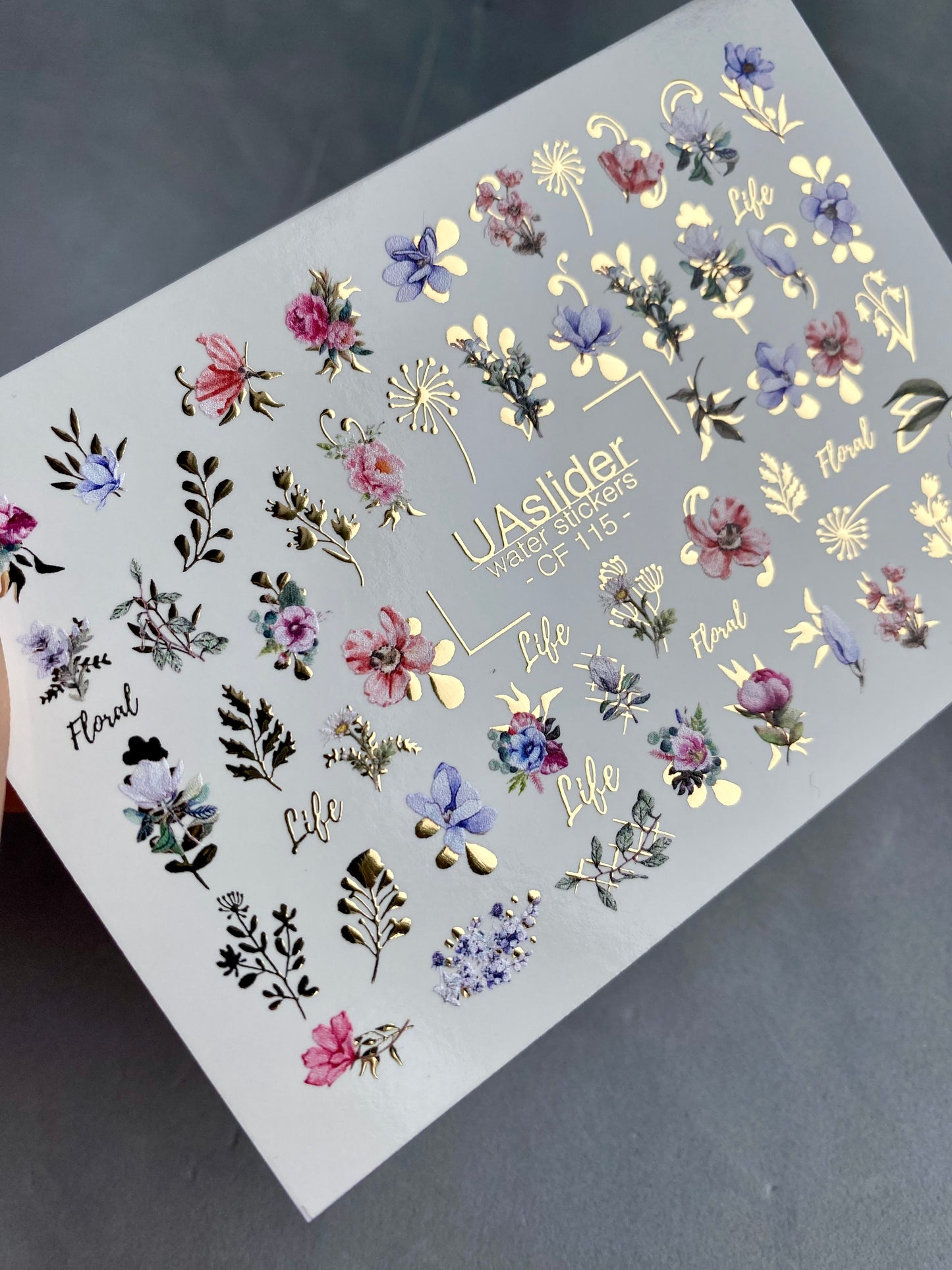 Nail Water Decal CF-115 | Floral Water Slide Nail Decals | Colorful Flowers, Greenery & Gold Botanical Accents