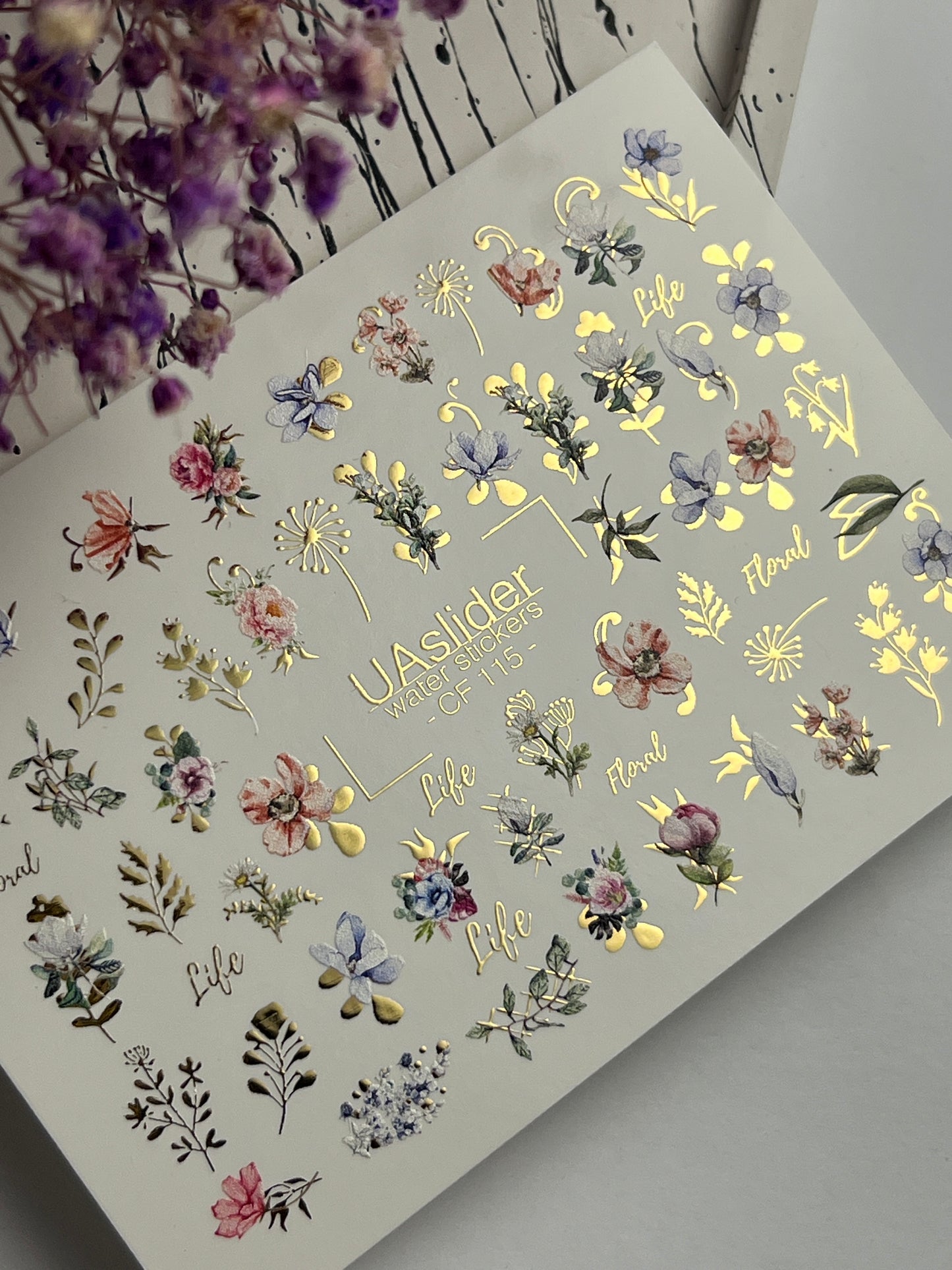 Nail Water Decal CF-115 | Floral Water Slide Nail Decals | Colorful Flowers, Greenery & Gold Botanical Accents