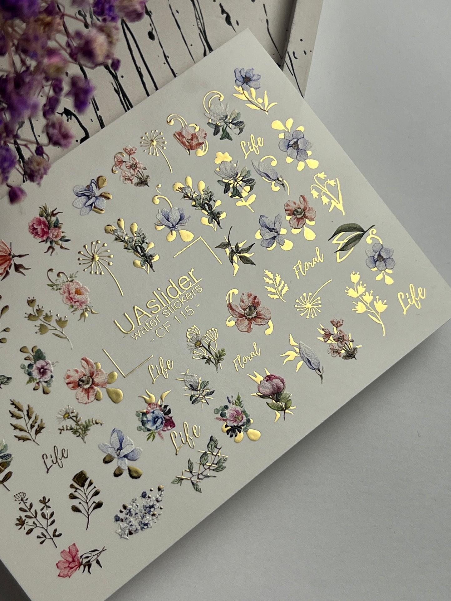 Nail Water Decal CF-115 | Floral Water Slide Nail Decals | Colorful Flowers, Greenery & Gold Botanical Accents