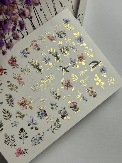 Nail Water Decal CF-115 | Floral Water Slide Nail Decals | Colorful Flowers, Greenery & Gold Botanical Accents