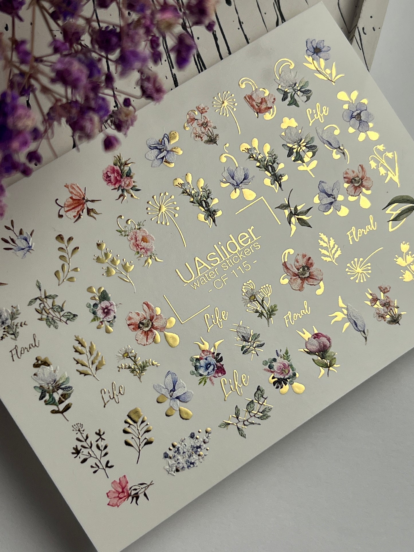 Nail Water Decal CF-115 | Floral Water Slide Nail Decals | Colorful Flowers, Greenery & Gold Botanical Accents