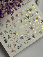 Nail Water Decal CF-115 | Floral Water Slide Nail Decals | Colorful Flowers, Greenery & Gold Botanical Accents - UASLIDER
