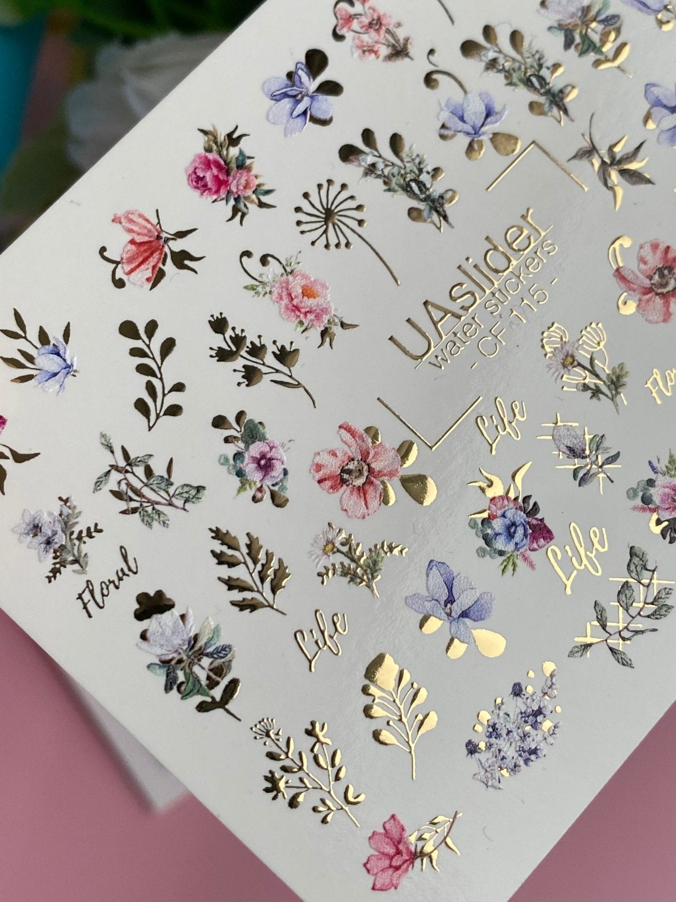 Nail Water Decal CF-115 | Floral Water Slide Nail Decals | Colorful Flowers, Greenery & Gold Botanical Accents - UASLIDER