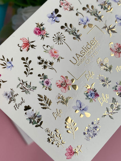 Nail Water Decal CF-115 | Floral Water Slide Nail Decals | Colorful Flowers, Greenery & Gold Botanical Accents